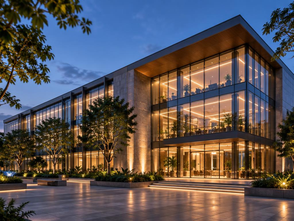 Contemporary glass commercial building at dusk