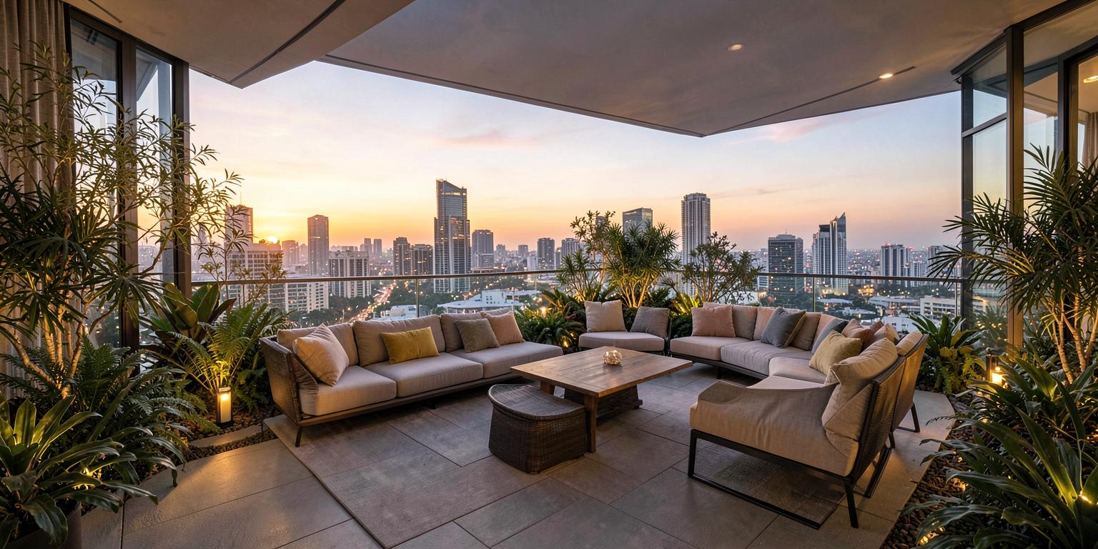 Luxury terrace overlooking a modern city skyline at sunset